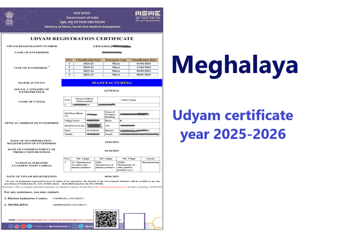 Meghalaya Udyam Certificate Year 2025-2026